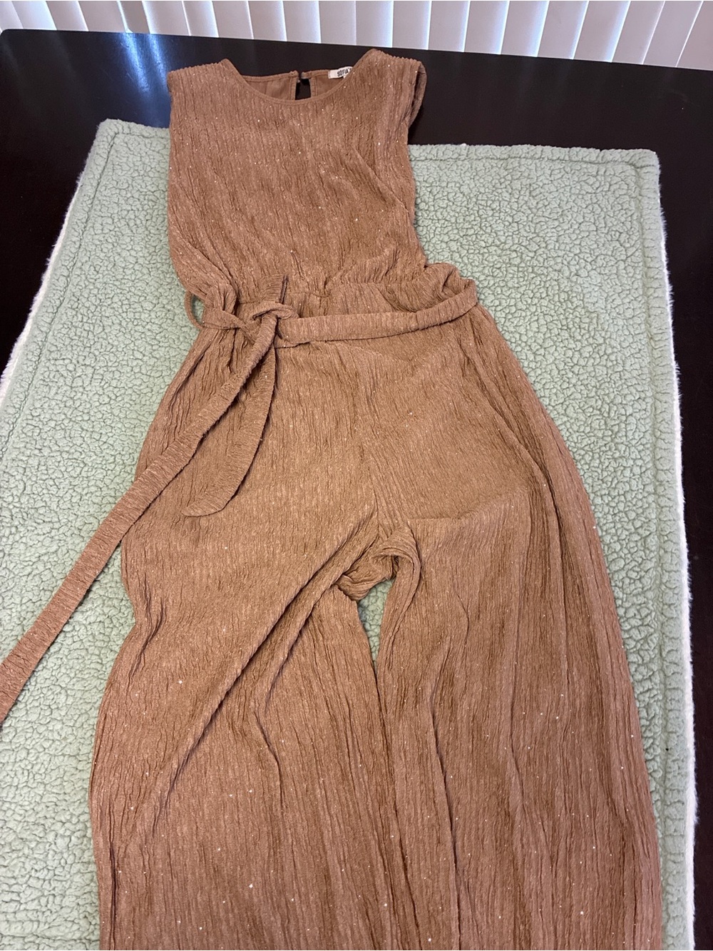 SHEIN Brown Textured Sleeveless Tie-Waist Wide-Leg Jumpsuit